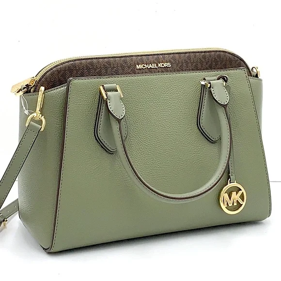 MICHAEL KORS DARIA LARGE SATCHEL ARMY GREEN / BROWN SIGNATURE COLOR - Picture 2 of 16